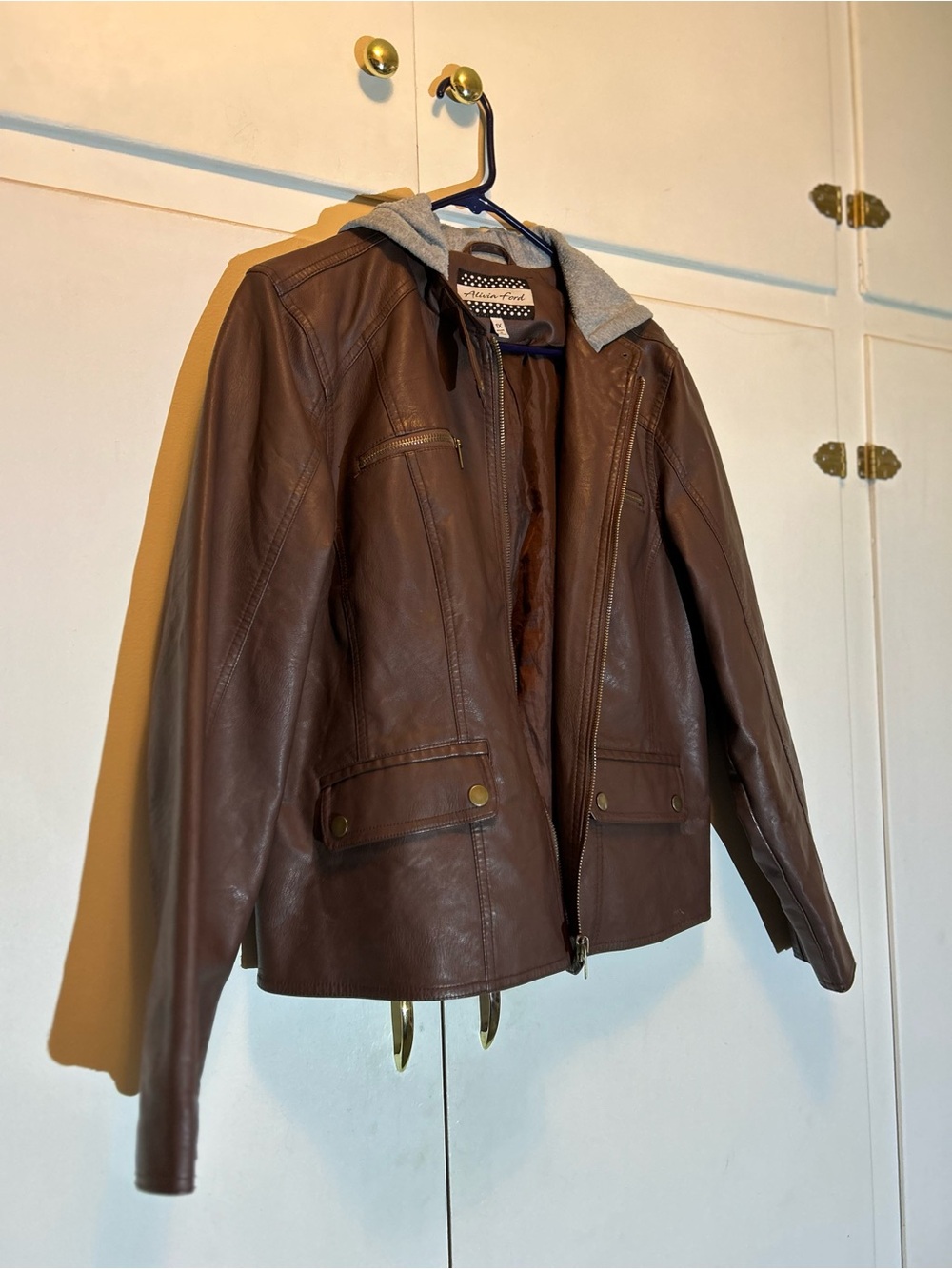 Brown Faux  Leather Jacket with Hooded Lining - Women's